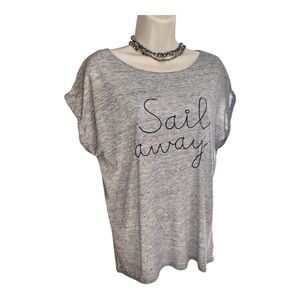 Anthropologie Gray Relaxed Cap Sleeve T-Shirt Stitched “Sail Away” thread Sz XL